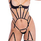 Caged Temptress Satin & Tulle Bustier w/Draped Chain Detail & Thong Black XL